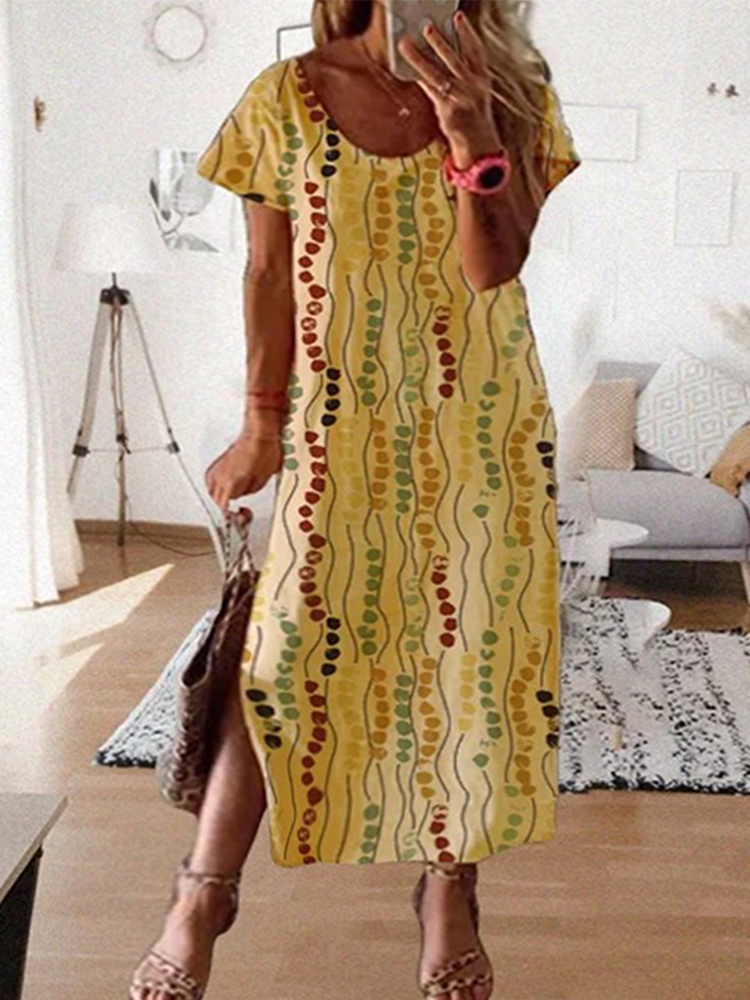 Summer Clothing For Older Women - Robe midi imprimée jaune grande taille,